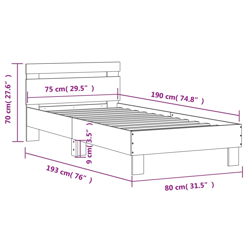 Posteljni okvir z vzglavjem rjavi hrast 75x190 cm inž. les