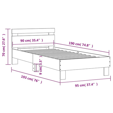 Posteljni okvir z vzglavjem siva sonoma 90x190 cm inž. les