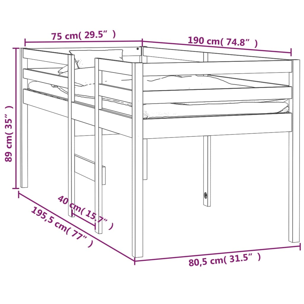 Visoka postelja 75x190 cm trdna borovina